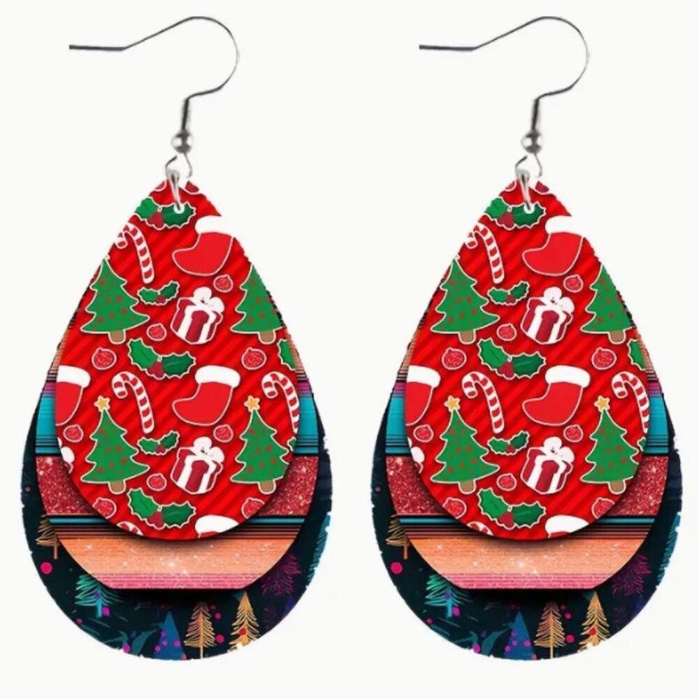 Set of 2 Christmas Teardrop Reversible PU Leather Hook Earrings C2, New!